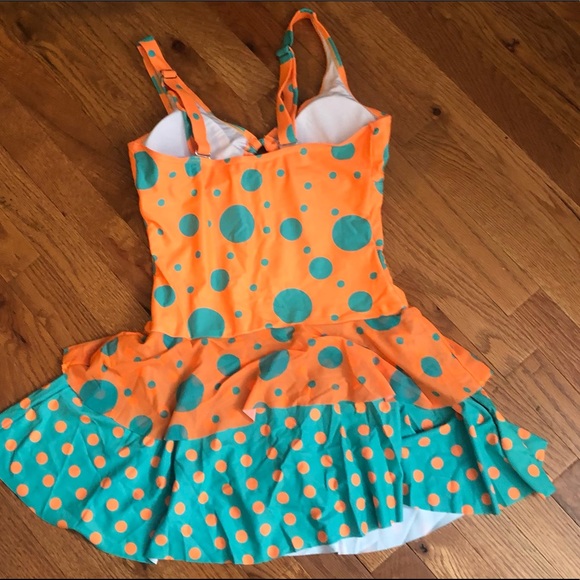 Teal & Orange Polka Dot One-Piece Swim Dress - Size Medium - Picture 7 of 9